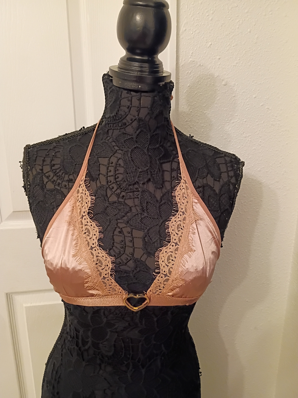 Satin Lace Halter Bralette in Rose Gold